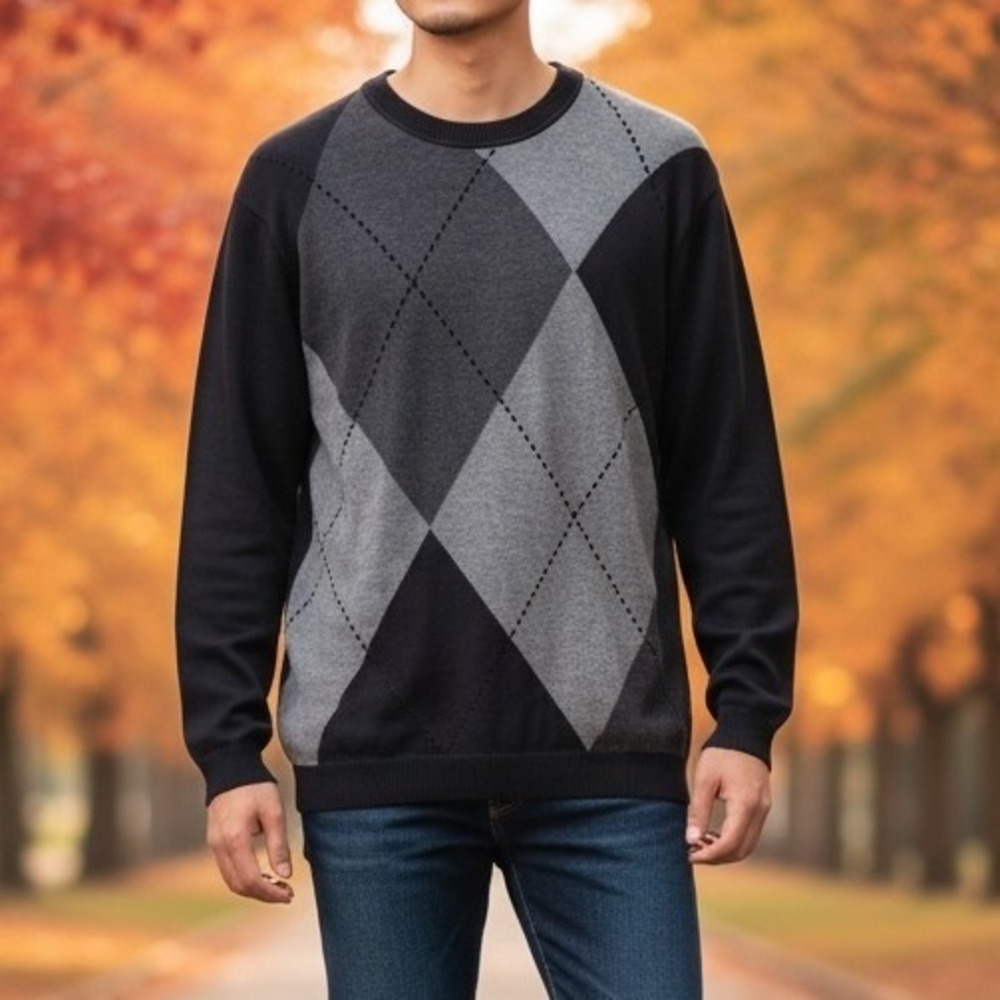 Concepts by Claiborne Mens XL Argyle Sweater Black Grey Cotton Blend Crew Neck